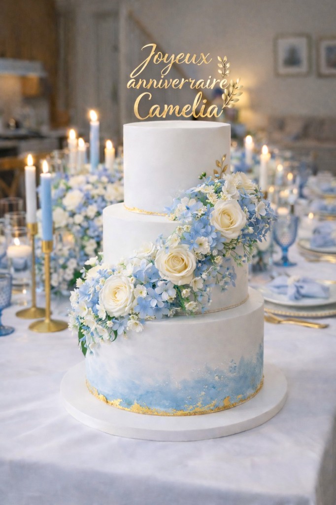 Anniversaire de Camélia - Gâteau élégant bleu et blanc