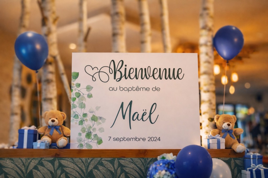 Baptême de Maël - Panneau de bienvenue avec oursons